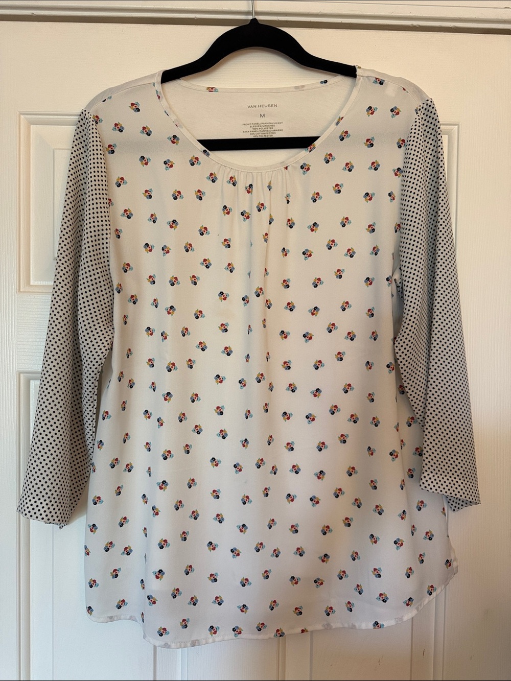 Van Heusen Cream Blouse with Multicolor Floral Print and Black Dot Sleeves